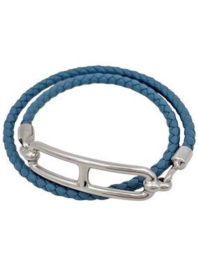 Hermes Double Tour Bracelet Leather Silver Blue